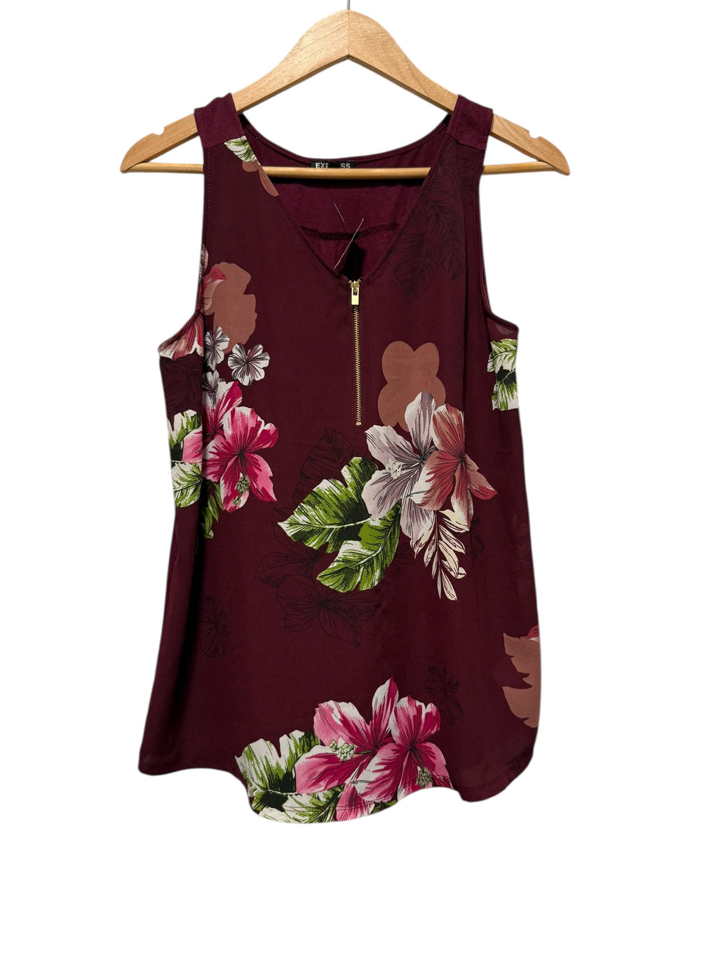 Express Floral Sleeveless Blouse Burgundy Zip Front NEW Size S