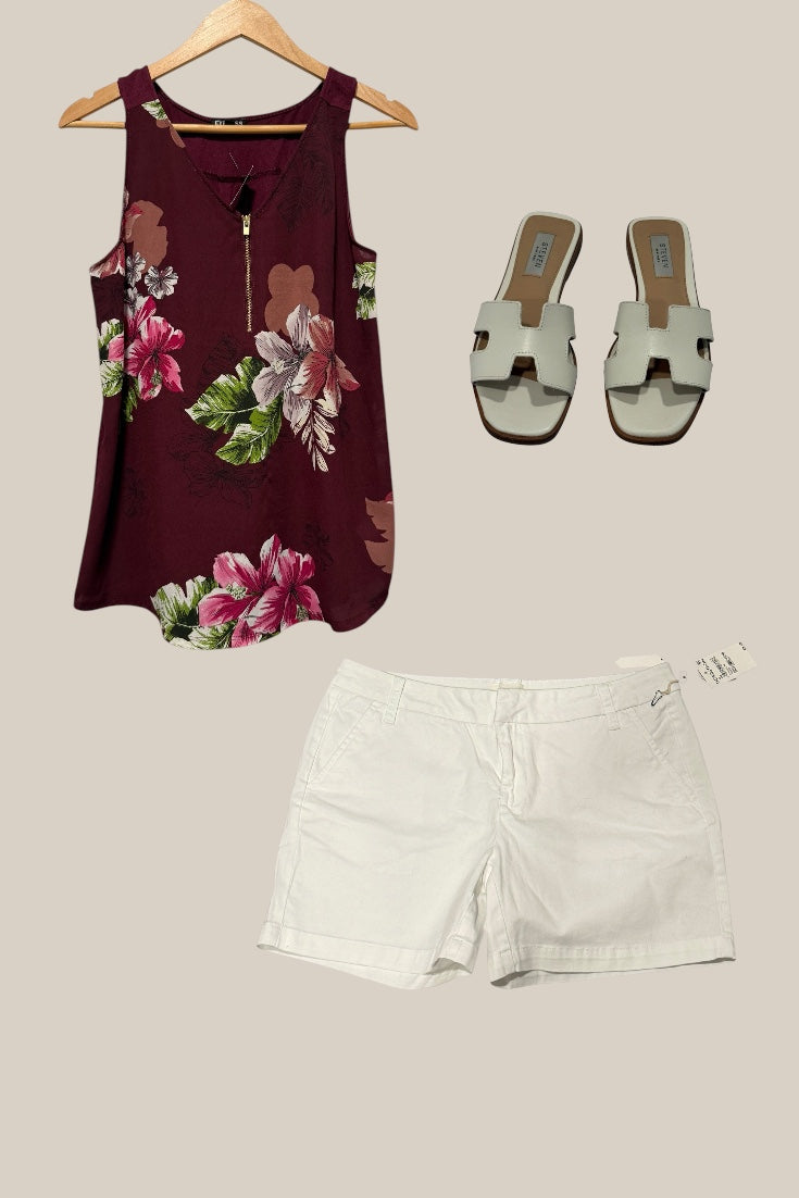 Express Floral Sleeveless Blouse Burgundy Zip Front NEW Size S