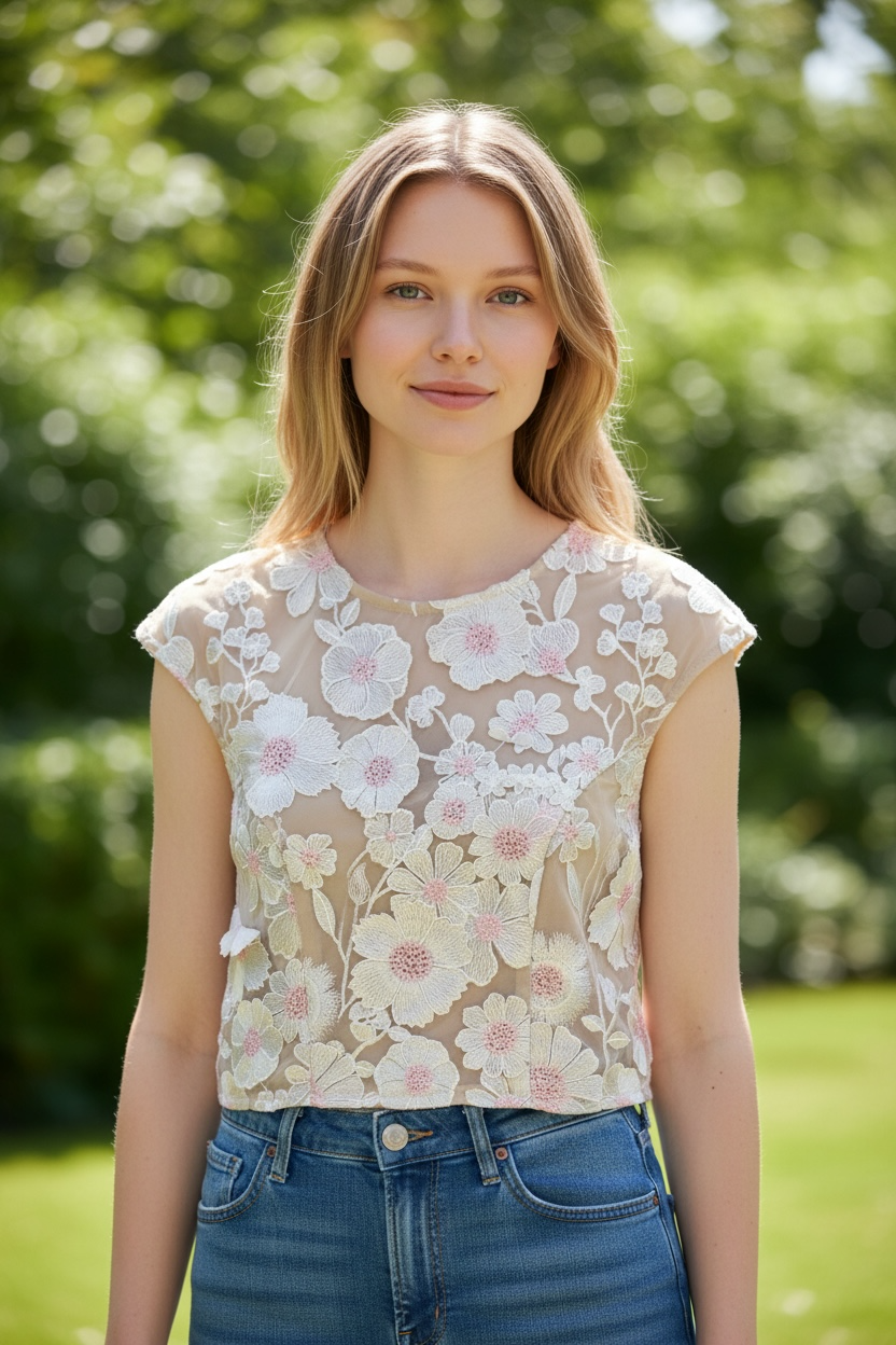 Floral Embroidered Sheer Top – Neutral Beige
