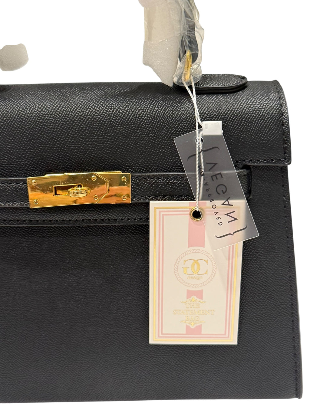 Black Structured Top Handle Kelly-Style Statement Bag Gold Hardware