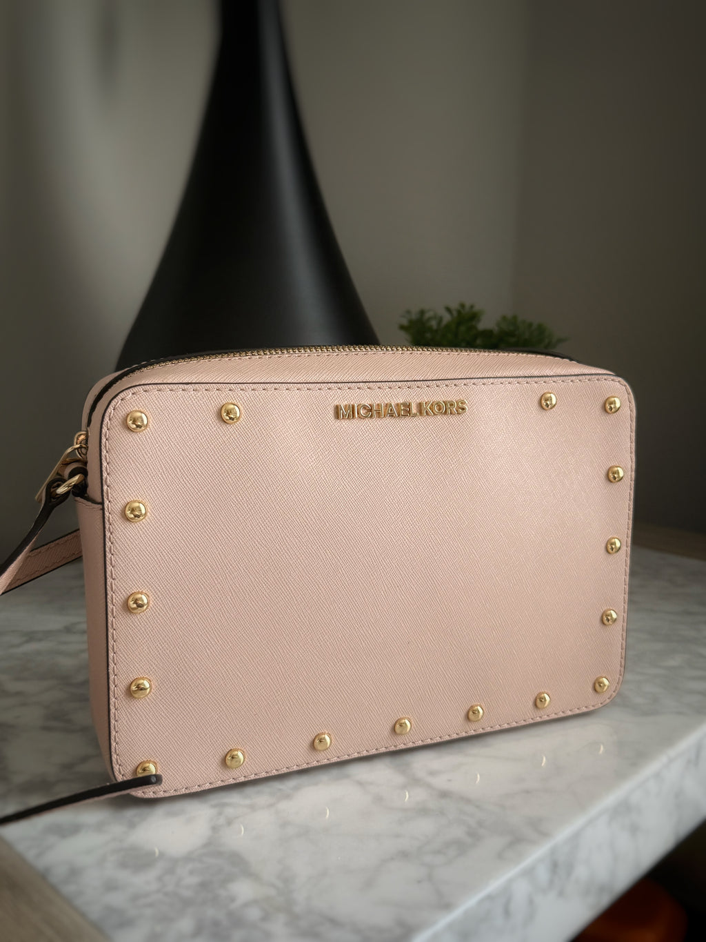 Michael Kors Studded Crossbody Bag Blush Pink Saffiano Leather Gold Hardware