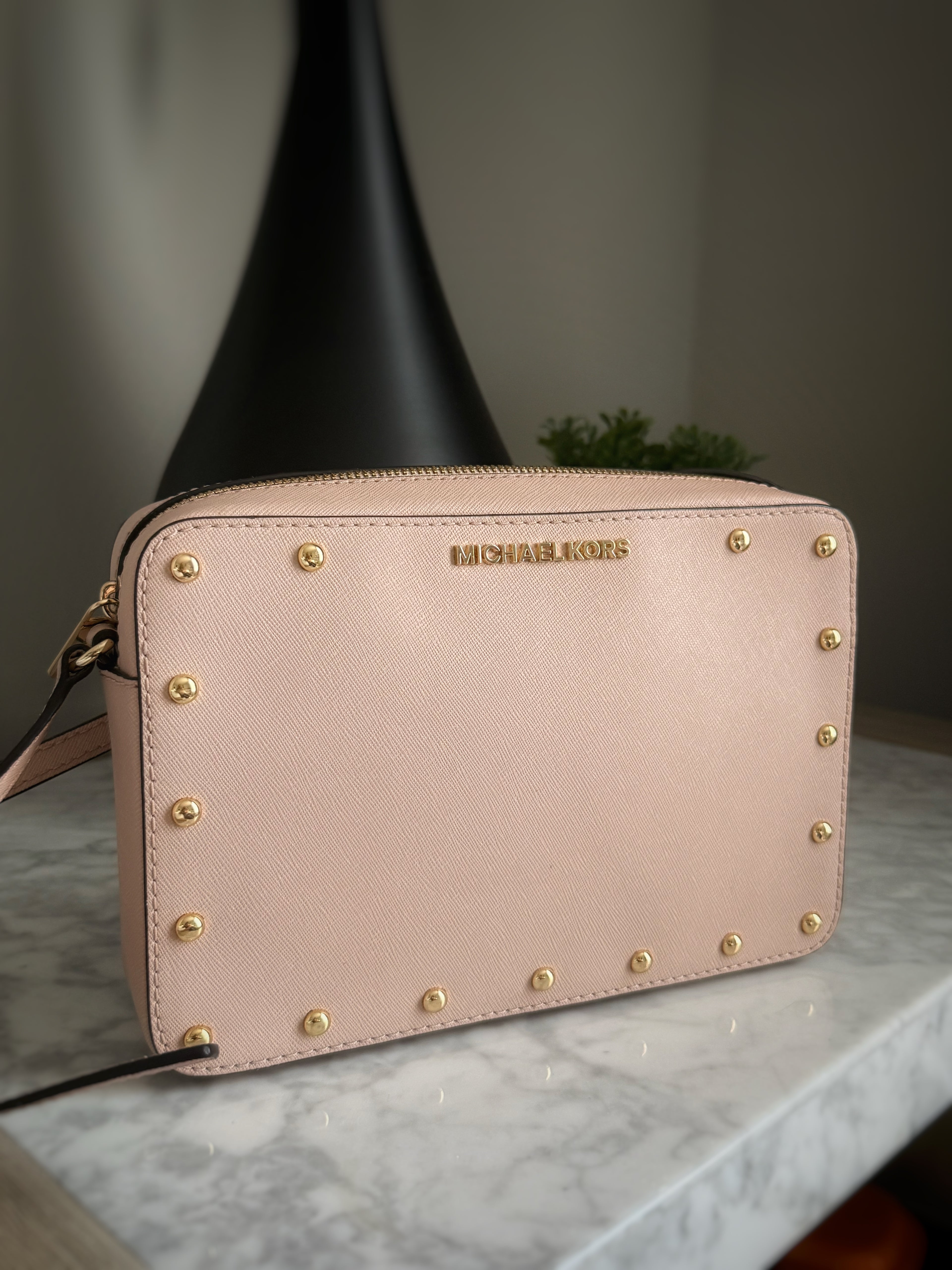 Michael Kors Studded Crossbody Bag Blush Pink Saffiano Leather Gold Hardware