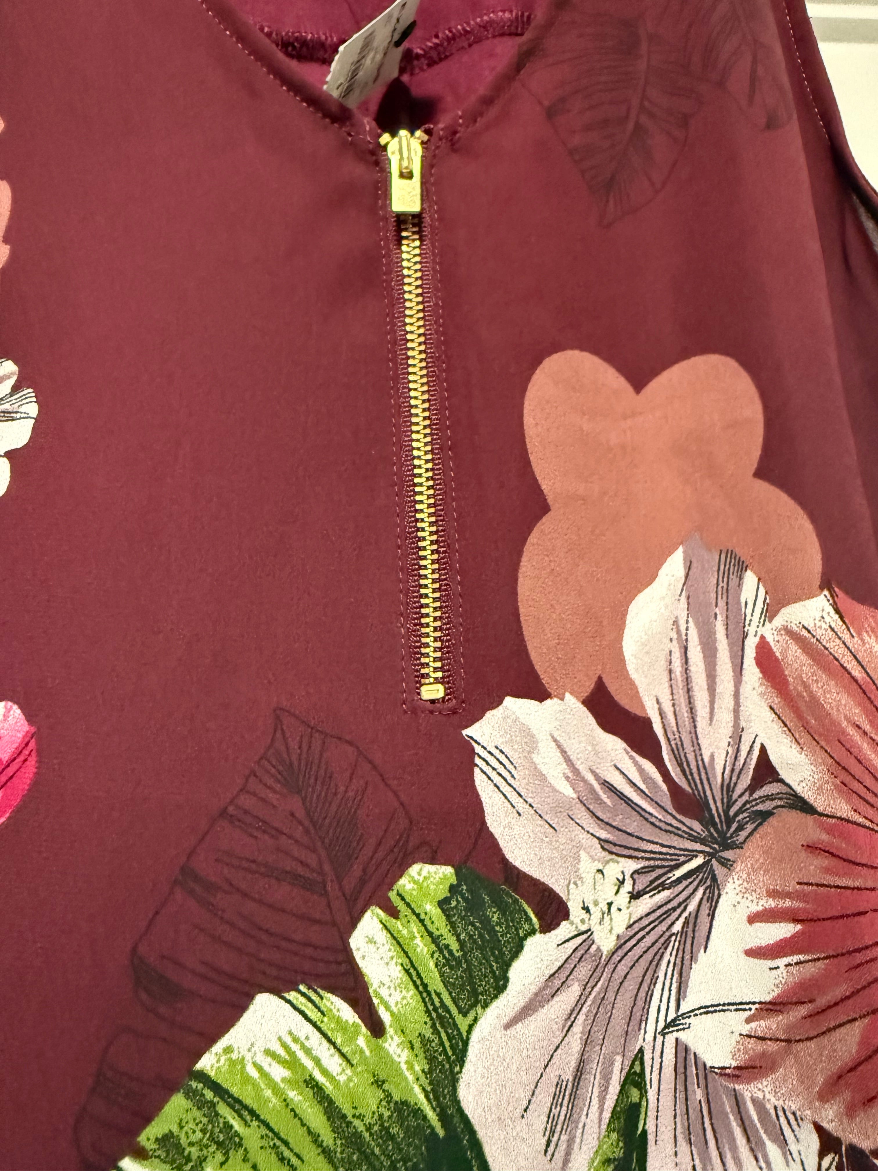 Express Floral Sleeveless Blouse Burgundy Zip Front NEW Size S