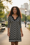 White House Black Market Black & Ivory Geometric Shift Dress – Size Small