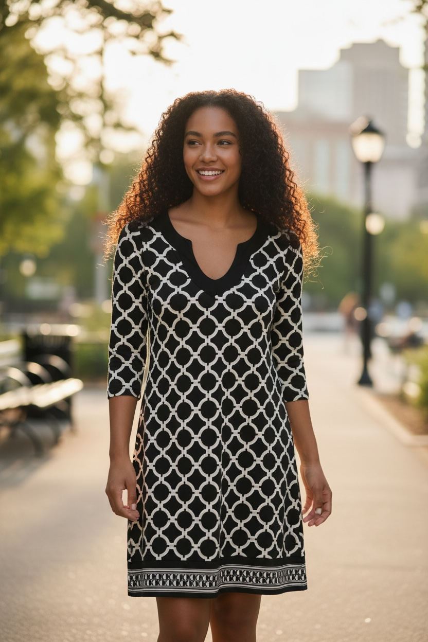 White House Black Market Black & Ivory Geometric Shift Dress – Size Small